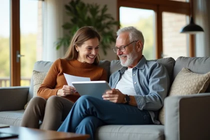 Femme senior et homme discutant documents avec tablette Vigilia