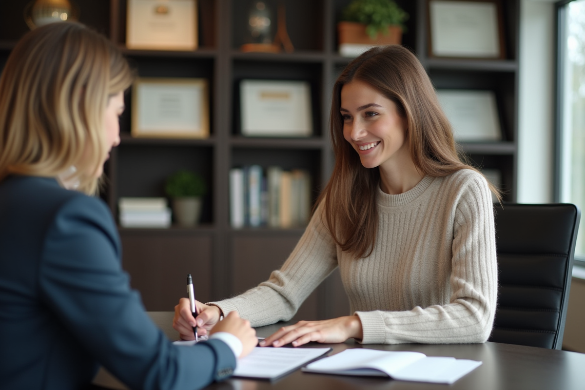 Jeune femme signe un contrat de location avec un gestionnaire