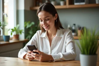 Femme utilisant son smartphone dans une cuisine moderne