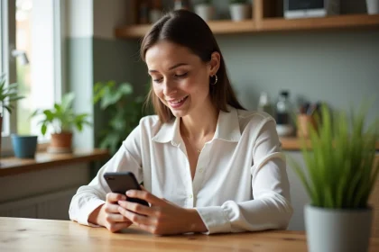 Femme utilisant son smartphone dans une cuisine moderne