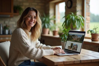 Femme souriante dans un gîte avec cuisine rustique