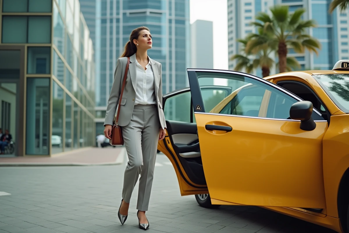 Femme sortant d’un taxi près de la tour Almas à Dubai