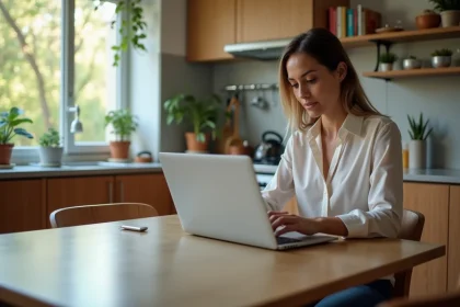 Femme assise à la cuisine utilisant un ordinateur portable