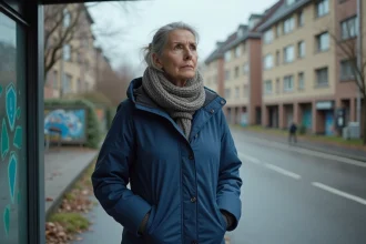 Femme en manteau bleu au arrêt de bus dans le quartier nord