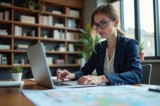 Femme professionnelle étudie des plans cadastraux sur ordinateur