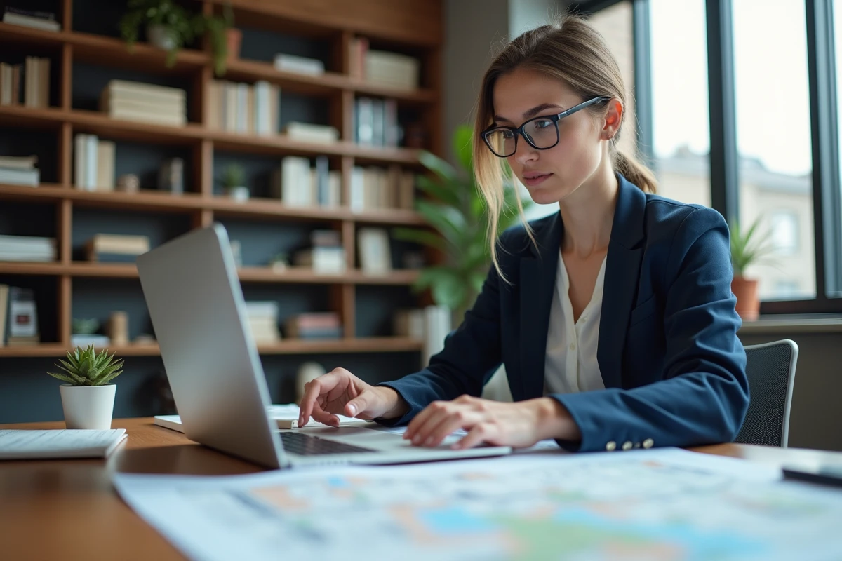Femme professionnelle étudie des plans cadastraux sur ordinateur
