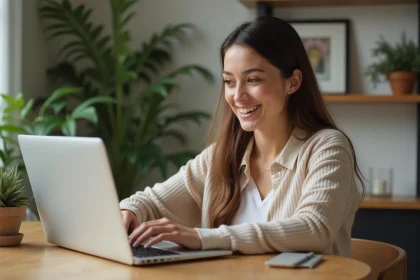 Jeune femme explorant une visite virtuelle de maison