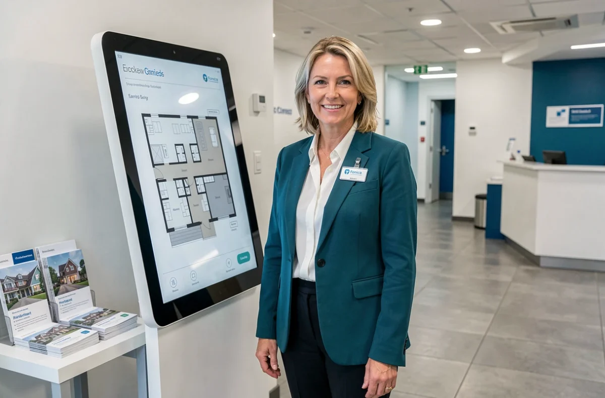 Agente Foncia Saint-Étienne en blazer teal debout près d'une borne numérique dans une agence immobilière moderne