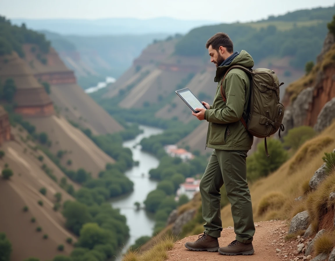 Géographe en terrain consultant une carte de risques naturels sur tablette devant un paysage de vallée exposée