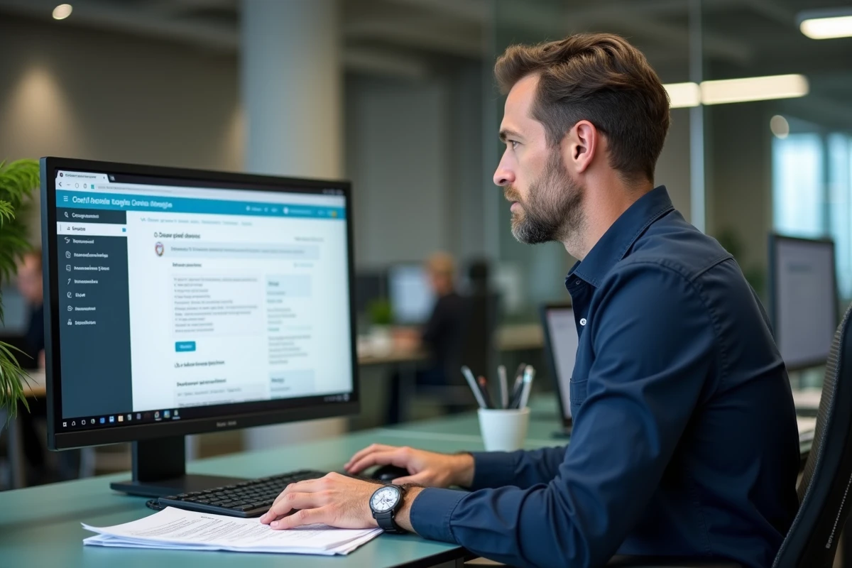Homme gérant son compte LOC annonce téléservice depuis un bureau professionnel avec documents administratifs