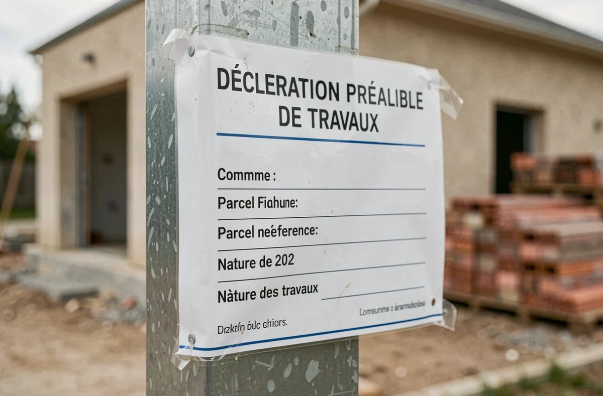 Gros plan sur les mentions obligatoires d'un panneau de déclaration préalable de travaux fixé sur poteau de chantier