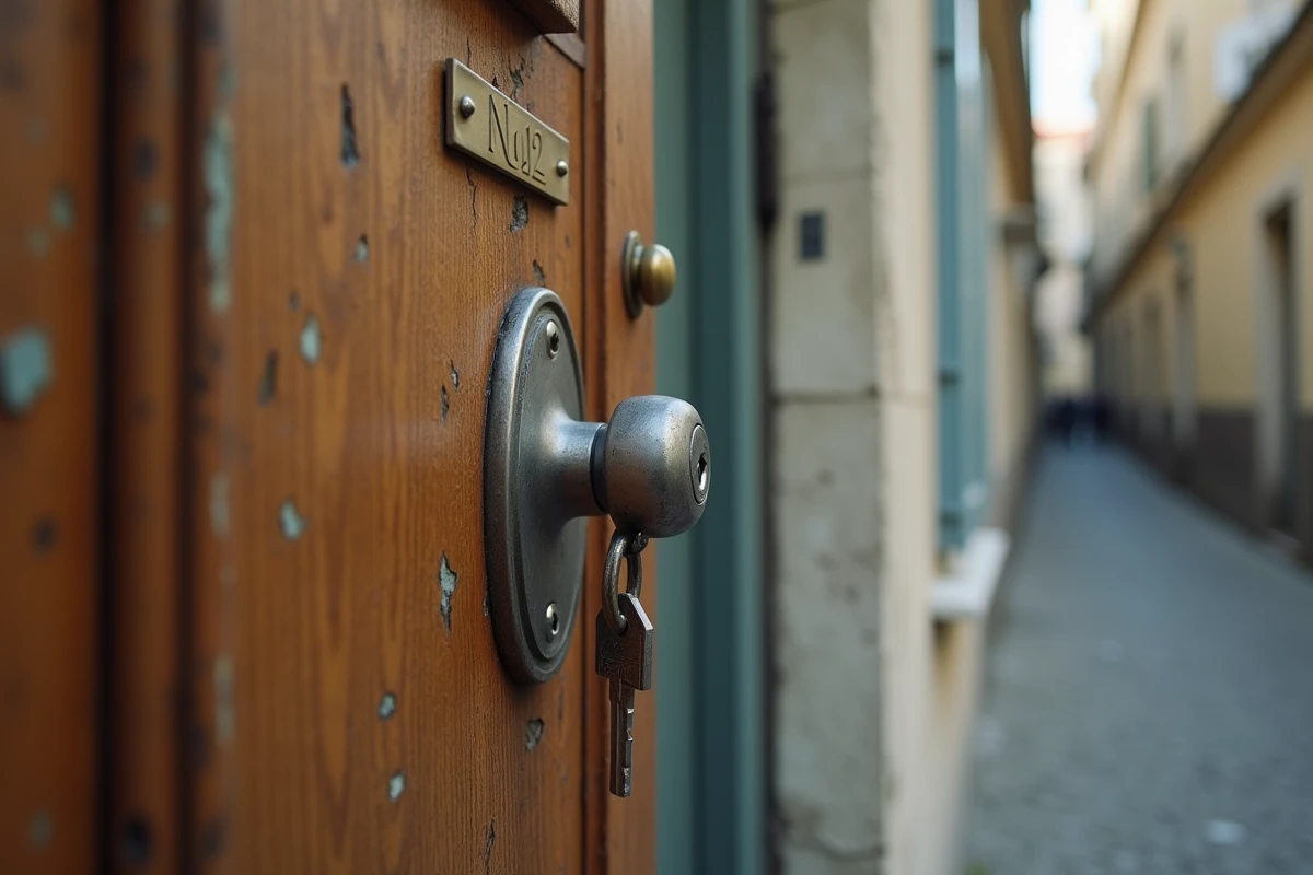 Gros plan d'une nouvelle serrure installée sur une porte d'appartement avec ancienne clé inutilisable, détail photographique d'un changement de serrure litigieux