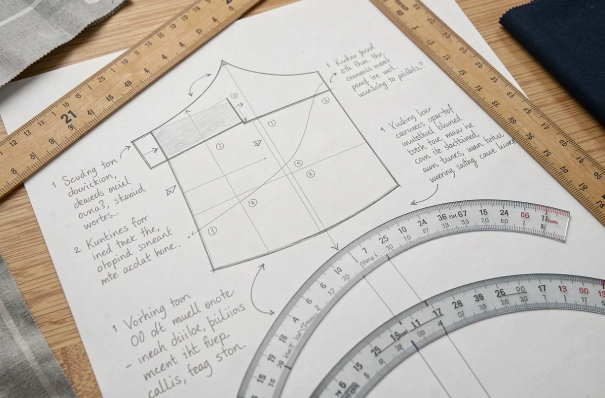 Gros plan d'un plan de coupe annoté ligne par ligne avec règles et courbes françaises sur table en bois