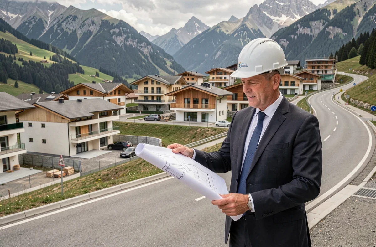 Ensemble résidentiel moderne du Groupe JS avec plusieurs maisons en construction sur un flanc de colline savoyard