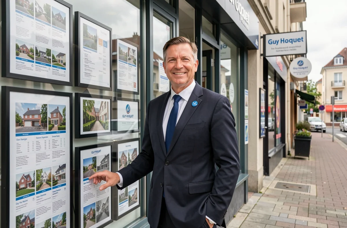 Agent Guy Hoquet Drancy devant la vitrine de l'agence présentant des annonces immobilières à Drancy