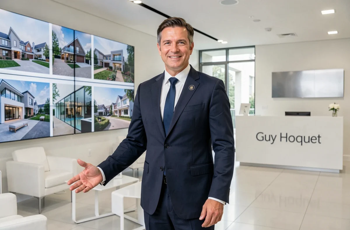 Agent Guy Hoquet Saint-Étienne en costume dans une agence immobilière moderne avec écrans de présentation