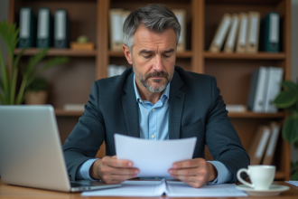 Homme d'affaires en blazer examine des documents d'assurance