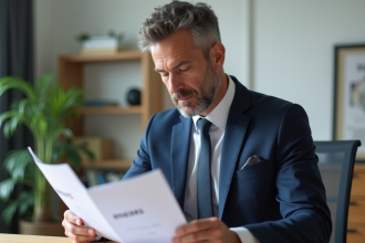 Homme d'affaires en costume bleu étudiant des documents fonciers