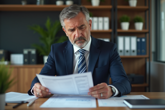 Homme d'affaires en costume noir contemplant un rapport financier