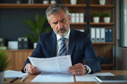 Homme d'affaires en costume noir contemplant un rapport financier