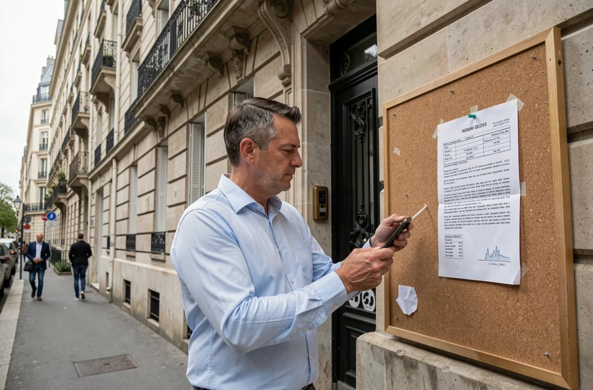Homme lisant une annonce de logement social affichée sur un immeuble haussmannien à Paris