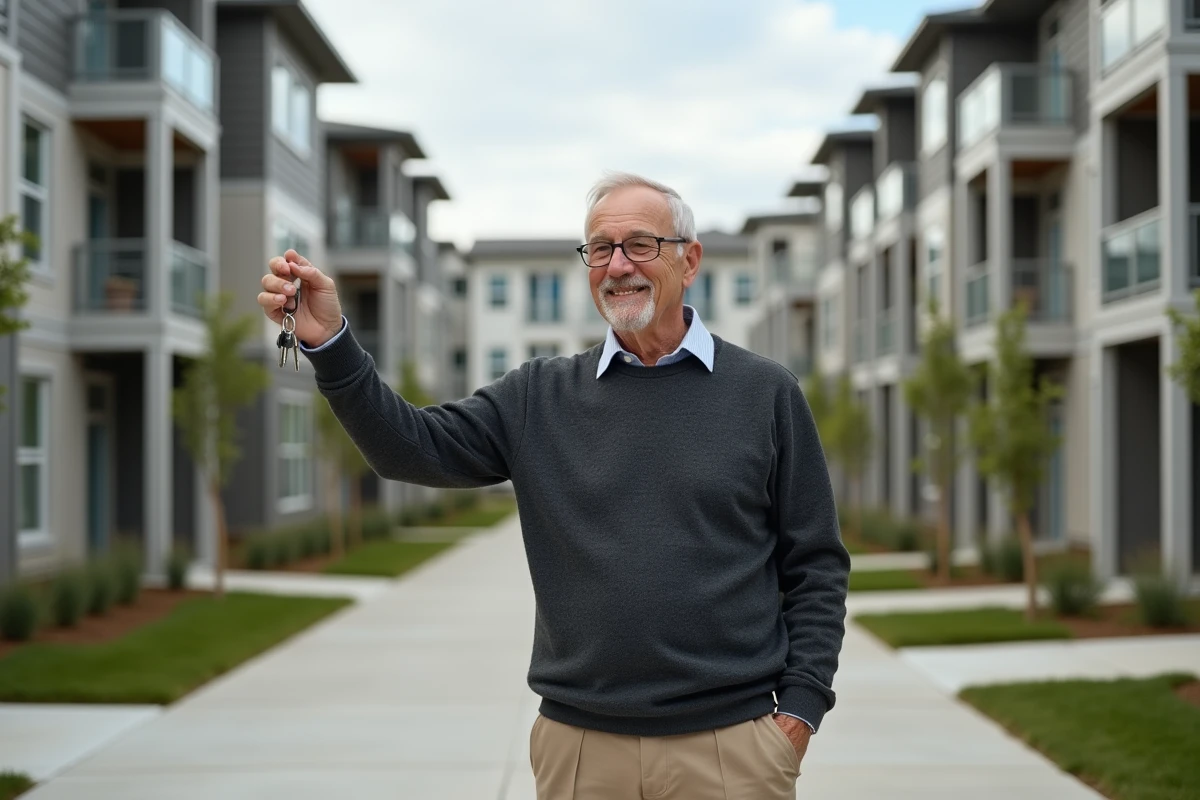 Homme avec des clés devant un immeuble résidentiel rénové