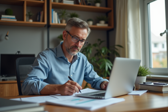 Homme d'affaires examinant des feuilles de revenus locatifs
