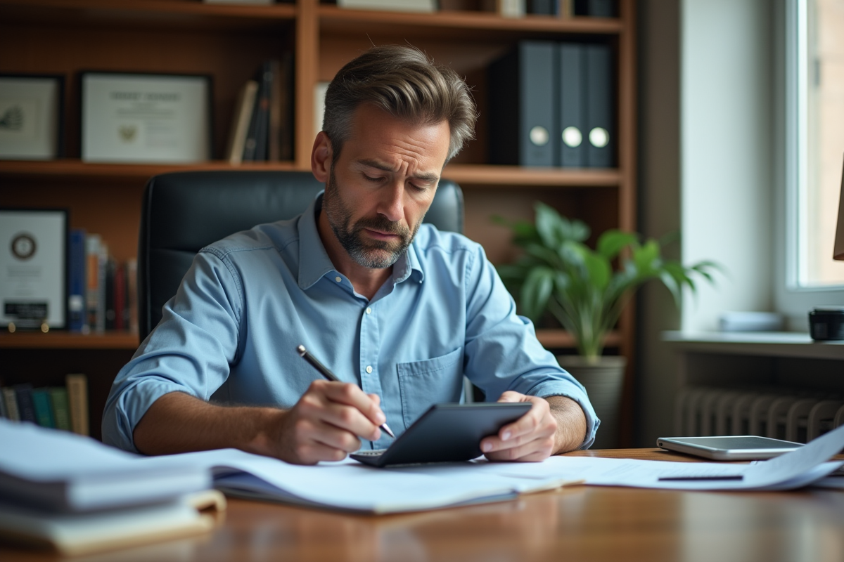 Homme calculant ses dépenses dans un bureau à domicile