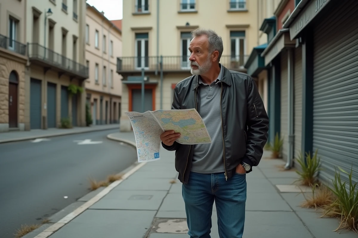 Homme consultant un plan de ville devant un quartier défavorisé à Montluçon, immeubles anciens en arrière-plan