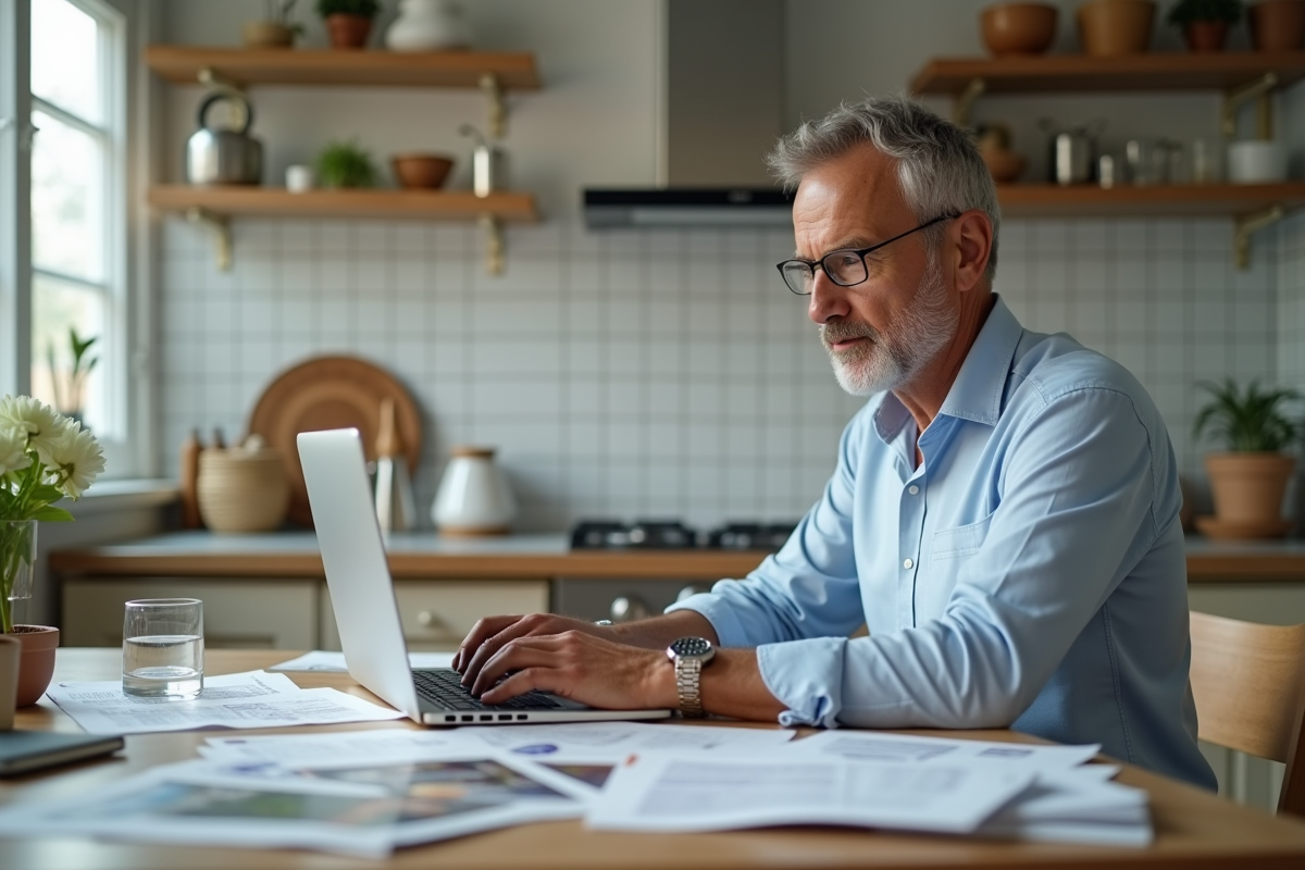 Homme au téléphone avec brochures de location dans la cuisine