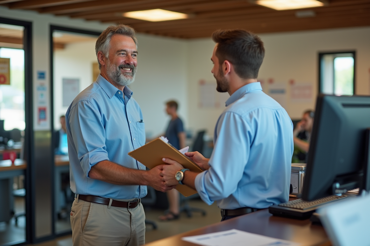 Homme remettant un dossier de documents à un agent postal au bureau de poste