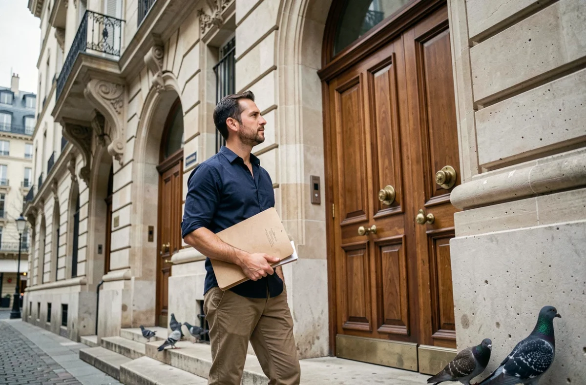 Homme devant l'entrée d'une mairie parisienne tenant un dossier de demande de logement social
