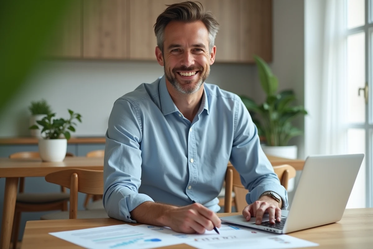 Homme souriant avec documents immobiliers et ordinateur