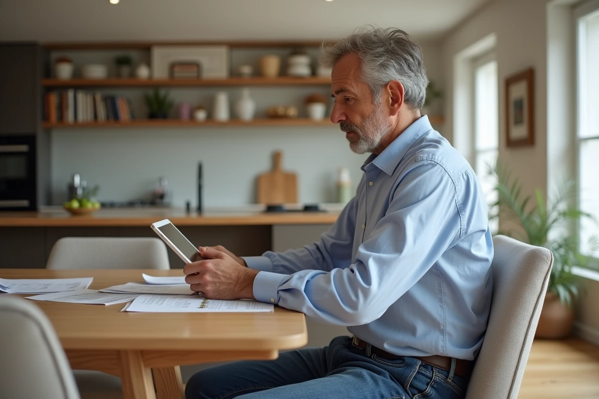 Homme étudiant des documents immobiliers à la maison