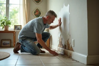 Homme examine des taches d'eau et peinture écaillée dans son salon en Floride