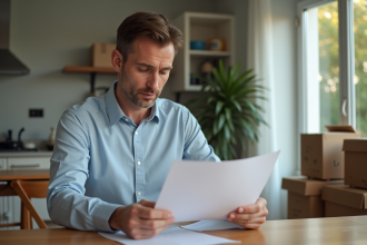 Homme examine des documents EDF dans un appartement moderne