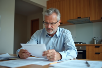 Homme d'âge moyen examine documents de location dans une cuisine