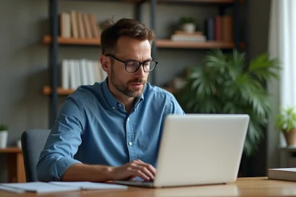 Homme concentré lisant des avis sur son ordinateur portable