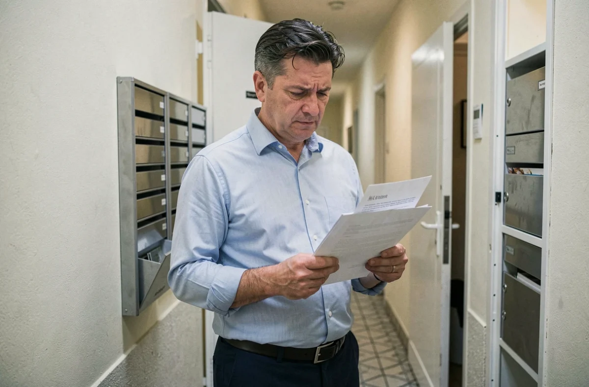 Homme locataire recevant une mise en demeure dans le couloir de son immeuble