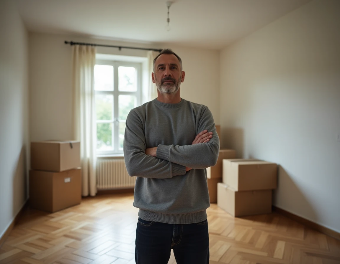 Homme seul dans une maison vide en cours de vente suite à un divorce, entouré de cartons de déménagement