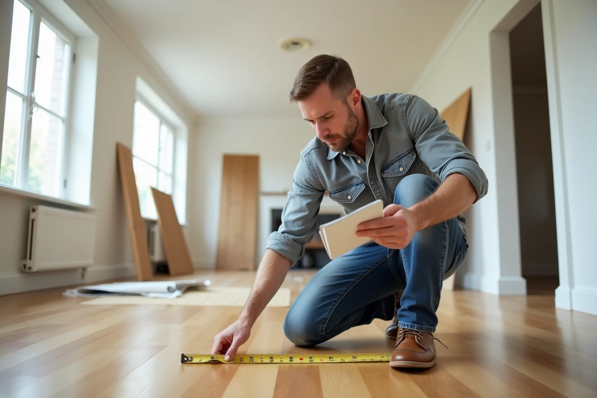 Homme en vêtements casual mesurant un salon rénové