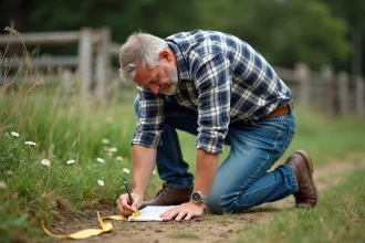 Homme mesurant un terrain rural avec un ruban jaune