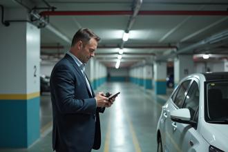 Homme d'affaires vérifiant son téléphone dans un parking moderne