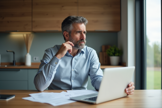 Homme d'affaires réfléchi devant documents de prêt immobilier