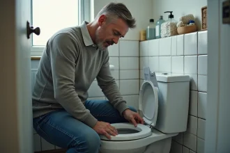 Homme d'âge moyen examine une chasse d'eau en plomberie