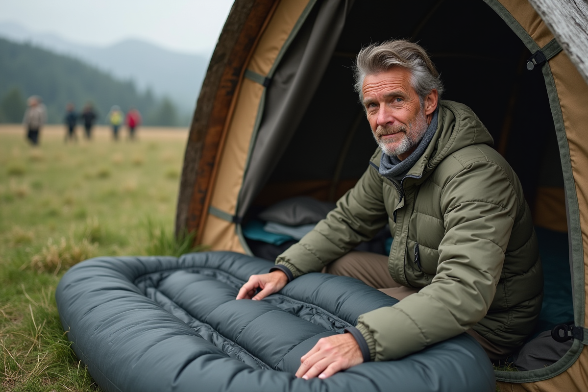 Homme ajustant son matelas à côté d’un abri en plein air
