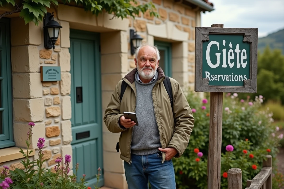 Homme avec smartphone devant un gîte rural
