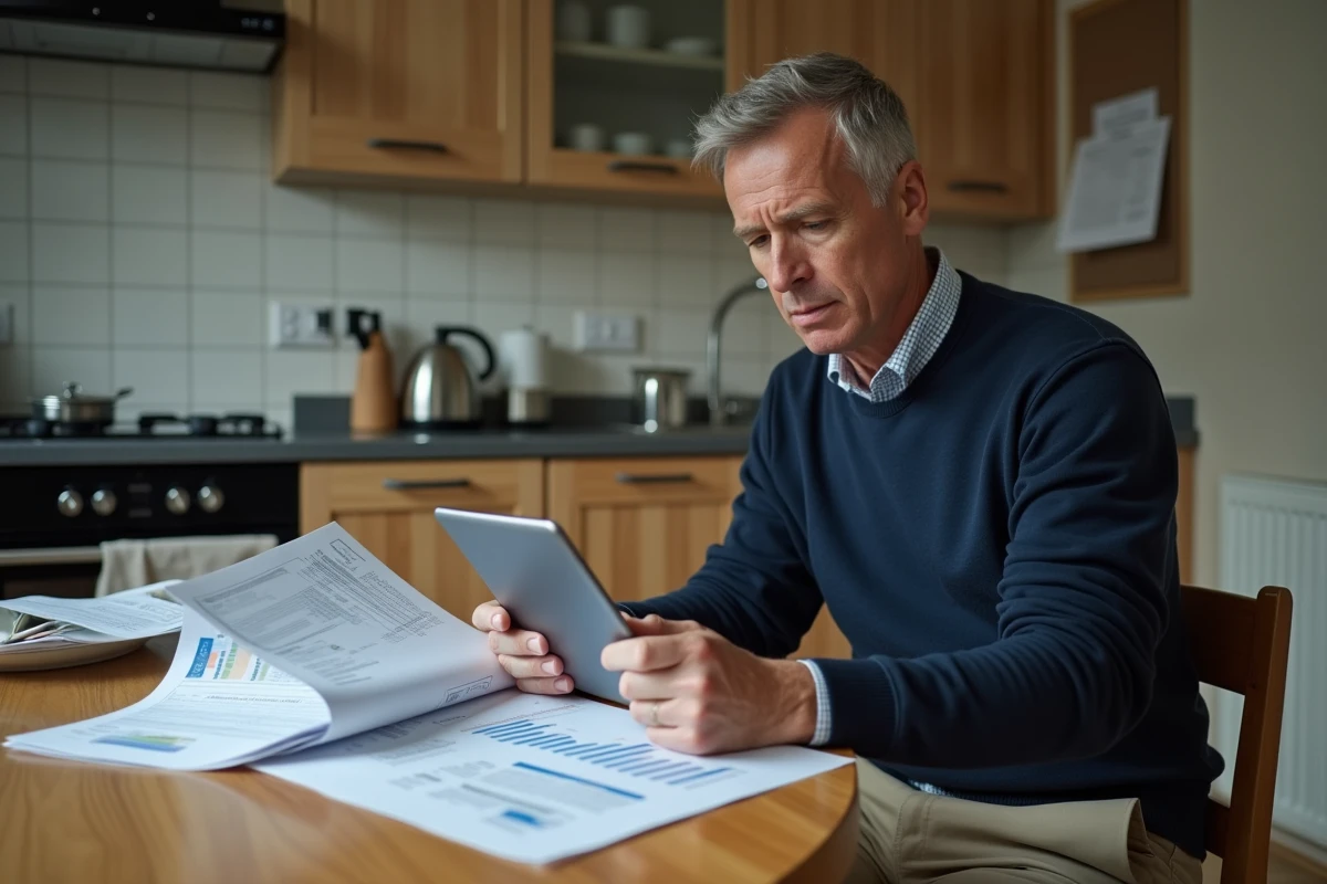 Homme étudiant des documents financiers dans la cuisine