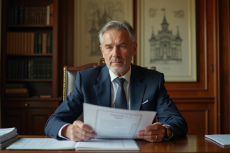 Homme en costume bleu dans un bureau ancien avec documents