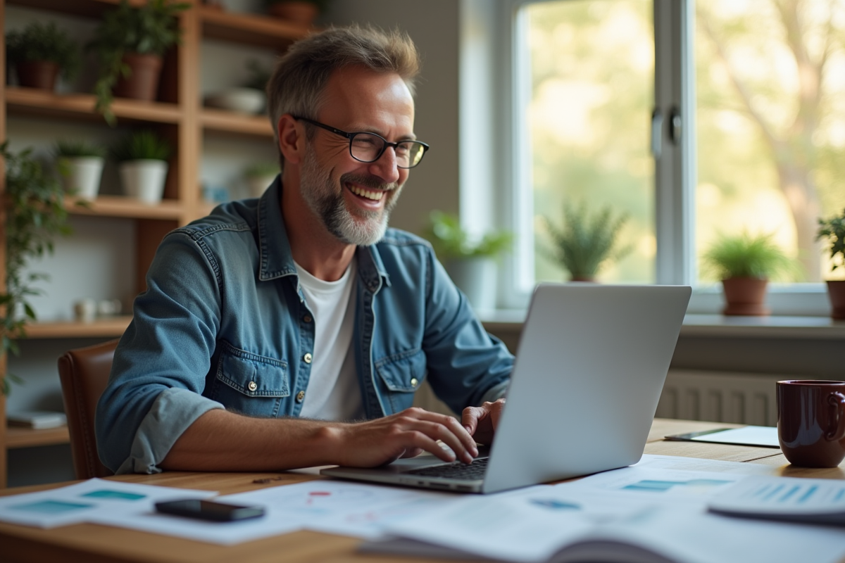 Homme souriant travaillant sur son ordinateur avec clés et graphiques financiers